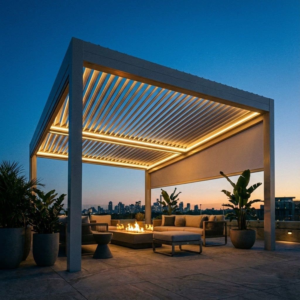 Pergola awning over outdoor dining terrace — garden installation Turkey manufacturer