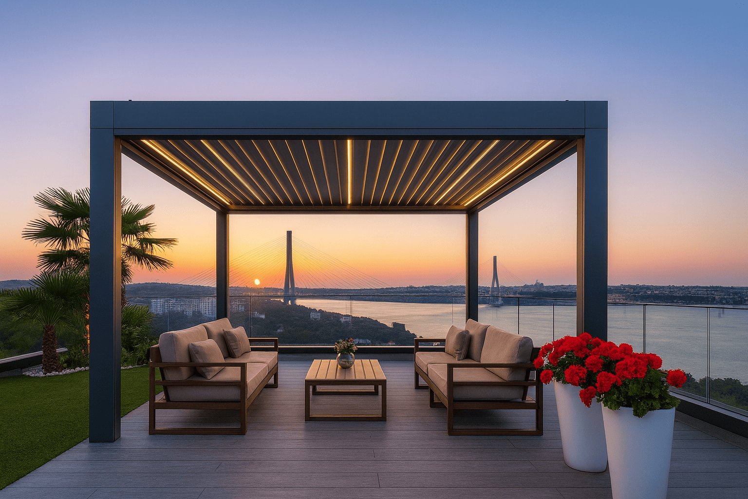 Motorized pergola awning rooftop terrace panoramic view Turkey