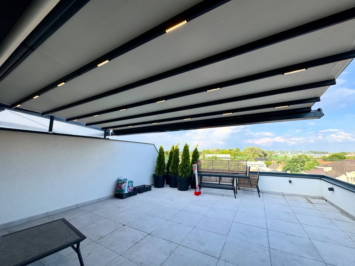 Pergola awning interior view rooftop terrace — anthracite LED Turkey